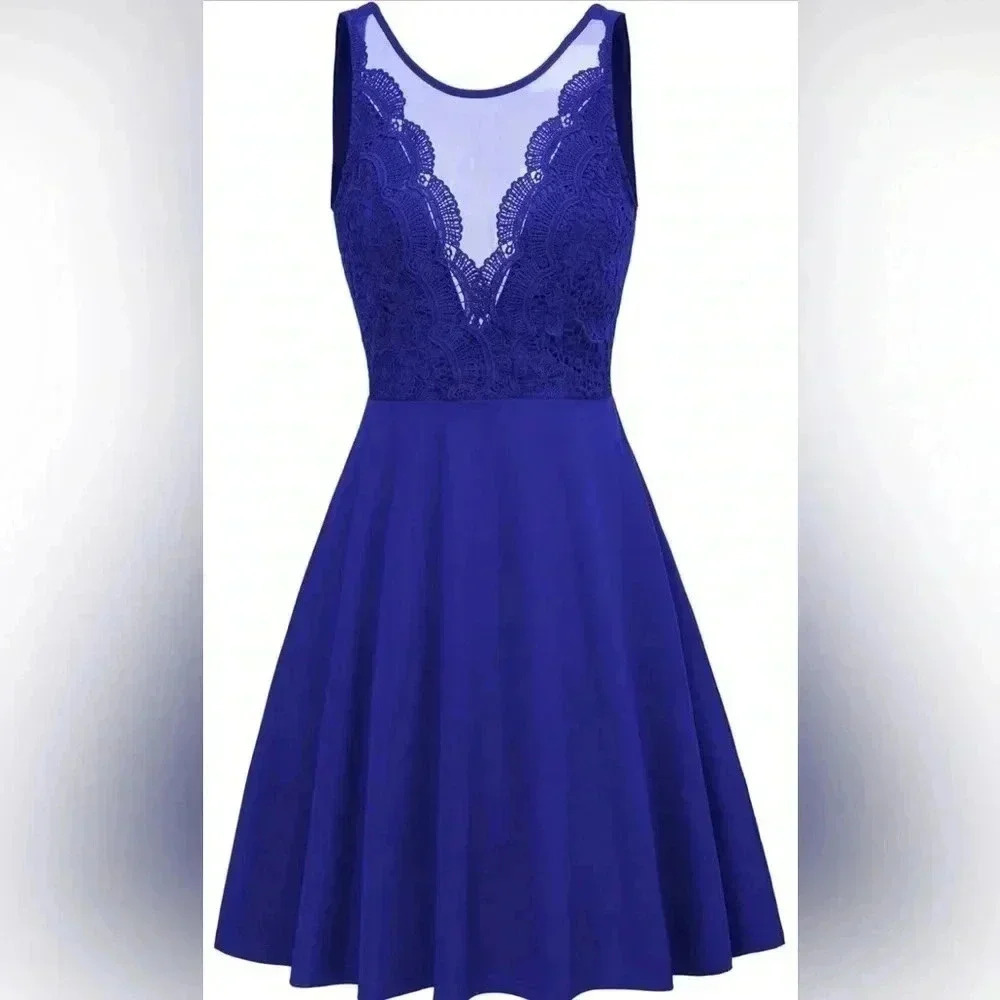GRACE KARIN Sleeveless Lace Patchwork Deep V-Neck A Line Flared Party Dress